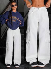 SHEIN ICON Jeans rectos de pierna simplificada con múltiples bolsillos y botón delantero en un estilo lavado sencillo
