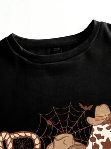 Lemon Design Artist Plus Size Ghost Pumpkin Printed Crew Neck Long Sleeve Sweatshirt, Holiday, Winter, Vacation, Festival