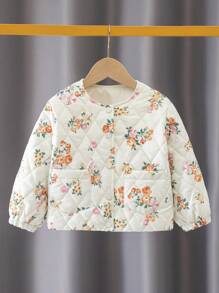 SHEIN 年轻女孩数码印花圆领夹棉大衣，配有真口袋和纽扣，适合冬季休闲、旅行、上学和各种场合