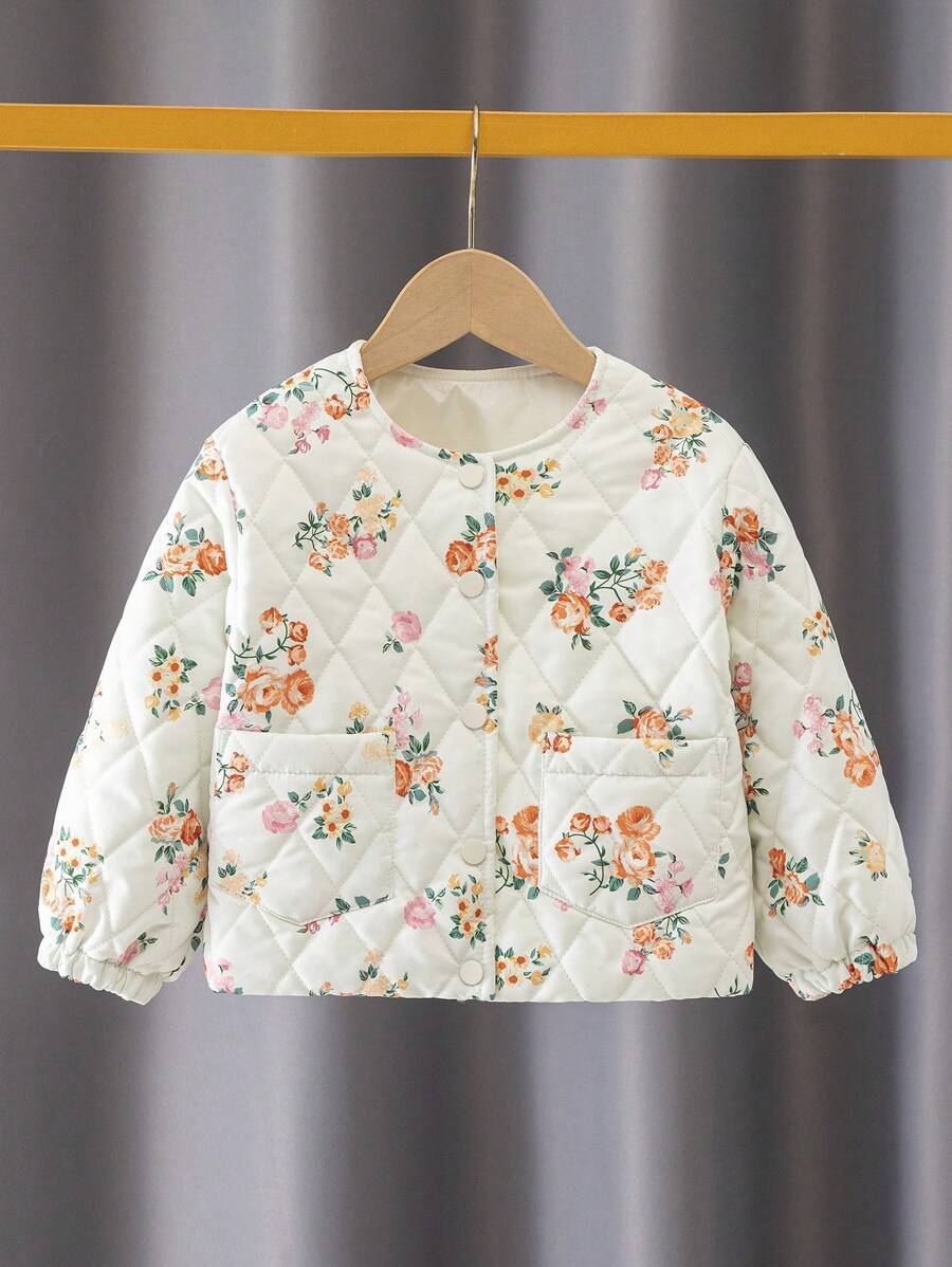 SHEIN 年轻女孩数码印花圆领夹棉大衣，配有真口袋和纽扣，适合冬季休闲、旅行、上学和各种场合