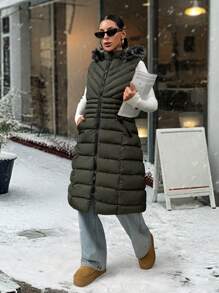 EURMUSE Fur And Zipper Added Padded Long Vest - Army Green - View 3