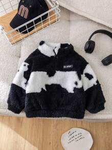 SHEIN Conjunto de 2 sudaderas de forro polar con cuello alto y cremallera, de textura negra y blanca, para niña y mamá, para otoño e invierno - Negro - Ver 4