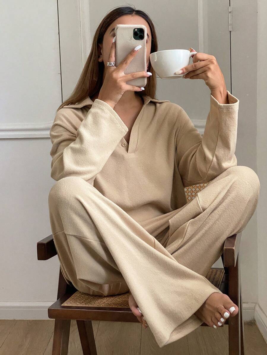 DAZY 女式纯色简约翻领羊毛长袖上衣和裤子睡衣套装秋冬