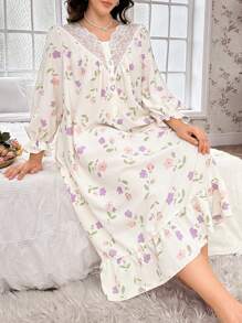 CottageSlumber 加大码印花蕾丝边V领开襟睡裙，Moo Moo品牌，舒适优雅细节，秋冬款 - 杏色 - 查看 4