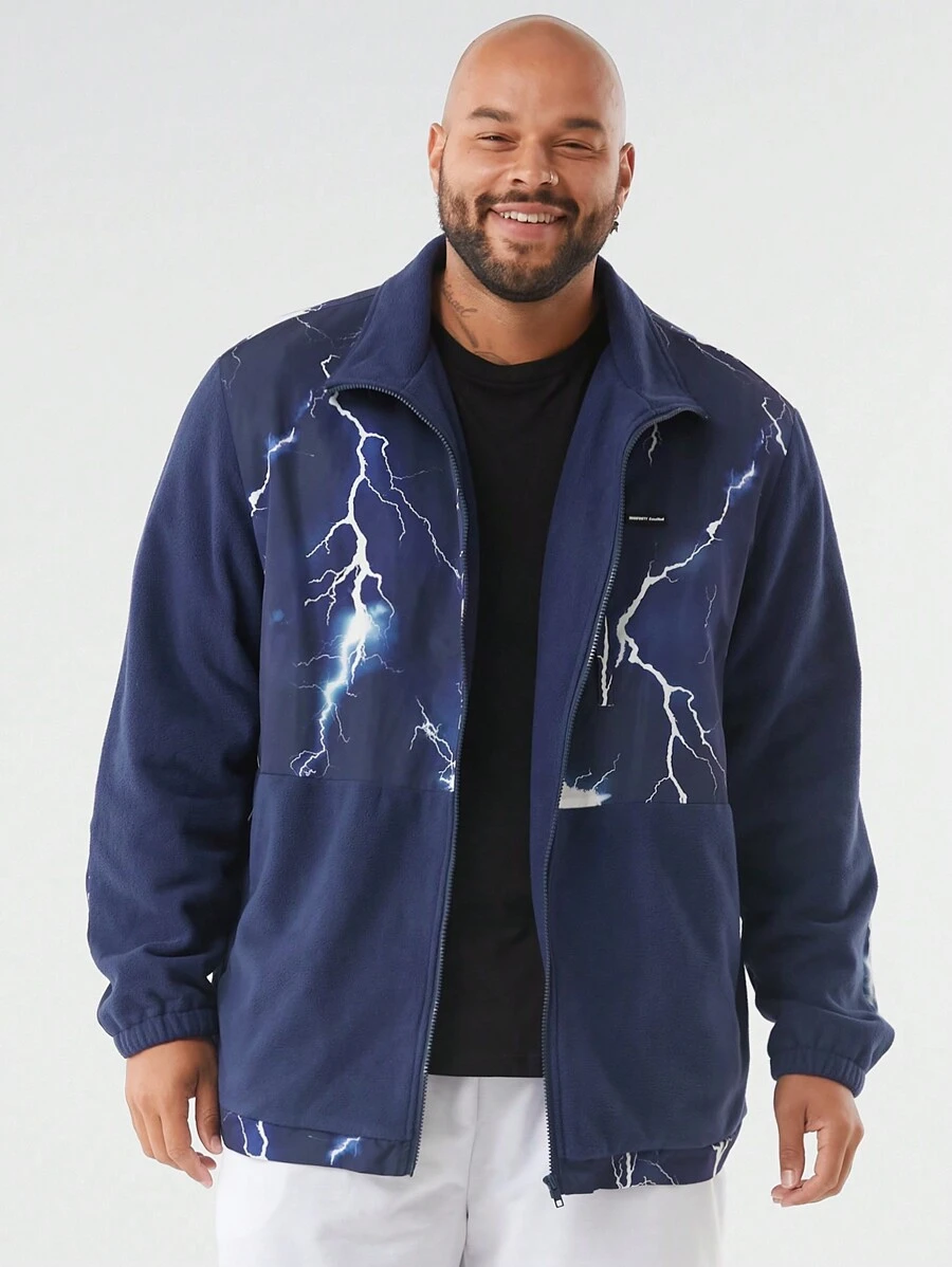 Manfinity VCAY Men's Plus Size Lightning Print Long Sleeve Casual Fleece Jacket, Spring Autumn, For Fall Winter - Multicolor - View 1