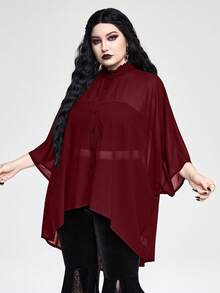 ROMWE Goth 大码时尚蝙蝠袖雪纺衬衫，秋季 - 酒紅色 - 查看 4