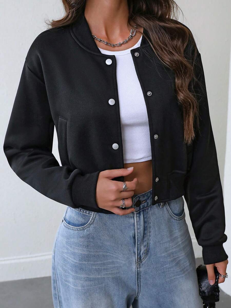 INAWLY Women's Solid Color Long Sleeve Single Breasted Casual Baseball Jacket, Spring & Autumn Fall Winter Cloth For Women - Black - View 1