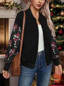 SHEIN LUNE Women Jacket With Printed Sleeves - Black - View 3
