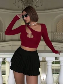 SHEIN ICON Cropped Long Sleeve Tee With Asymmetrical Cutout Neckline - Burgundy - View 2