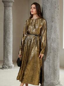 Chiquease Vestido largo con mangas tipo murciélago que ceñe la cintura, de tela y metal elegante y de lujo - Dorado - Ver 1