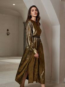 Chiquease Vestido largo con mangas tipo murciélago que ceñe la cintura, de tela y metal elegante y de lujo - Dorado - Ver 4
