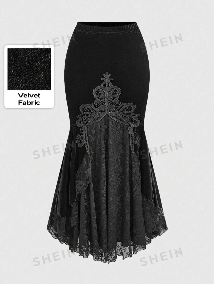 ROMWE Goth Falda larga estilo sirena ajustada con patchwork de terciopelo, bordados y ribete de encaje estilo gótico y palaciego para mujeres
