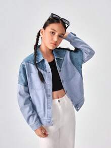 SHEIN Jaqueta jeans solta com contraste de cores e estilo de rua para meninas adolescentes