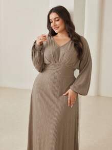 Modelyn Plus Size Casual Waisted Lantern Sleeve Dress For Autumn - Khaki - View 7