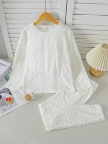 2pcs Tween Girls Simple Solid Color Jacquard Fabric Loungewear Set - Long Sleeve Top And Pants, Casual And Comfortable - White - View 8