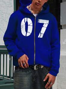 Manfinity Campus Court Aesthetic Post--Men's Hooded Sweatshirt With Letter Print, Zipper Front And Thermal Lined - Blue - View 3