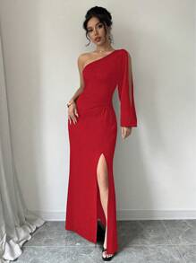 Rafferiza 女式纯色不对称领口开衩镂空长袖连衣裙新年衣服长款女装 - 紅色 - 查看 4