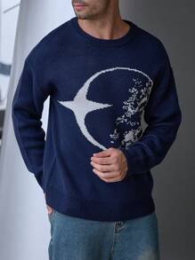 Manfinity Homme Men's Casual Colorblock Design Loose Fit Sweater For Autumn And Winter - Navy Blue - View 4