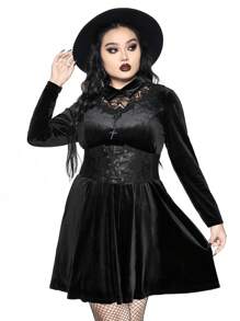 ROMWE Goth Dark Lace Trim Velvet Plus Size Women Gothic Collared A-Line Waist Dress - Black - View 4