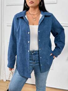 Calvaya Plus Size Women's Plain Color Long Sleeve Single-Breasted Casual Loose Jacket, Spring & Autumn - Navy Blue - View 6