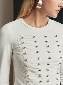 MOTF PREMIUM TEXTURED BEADED DETAIL LONG SLEEVE SLIM FIT TEE - White - View 3