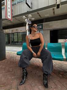 Flirla Plus Size Women's Drawstring Waist Baggy Black Cargo Pants - Grey - View 5