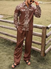 Manfinity RSRT 2pcs Men's Front Button Long Sleeve Printed Casual Shirt And Trousers Vacation Outfit Set ,Men Two Pieces Outfits ,Western Cowboy-Themed Printed Long-Sleeve Shirt And Pants Set In Brown ,Brown Pants