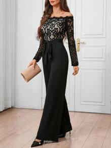 SHEIN Clasi Women's Off-Shoulder Floral Lace Tie-Waist Jumpsuit For Spring And Autumn