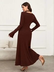 Mulvari Women's Solid Color Flared Sleeve Ruffle Elegant Dress, Spring Autumn