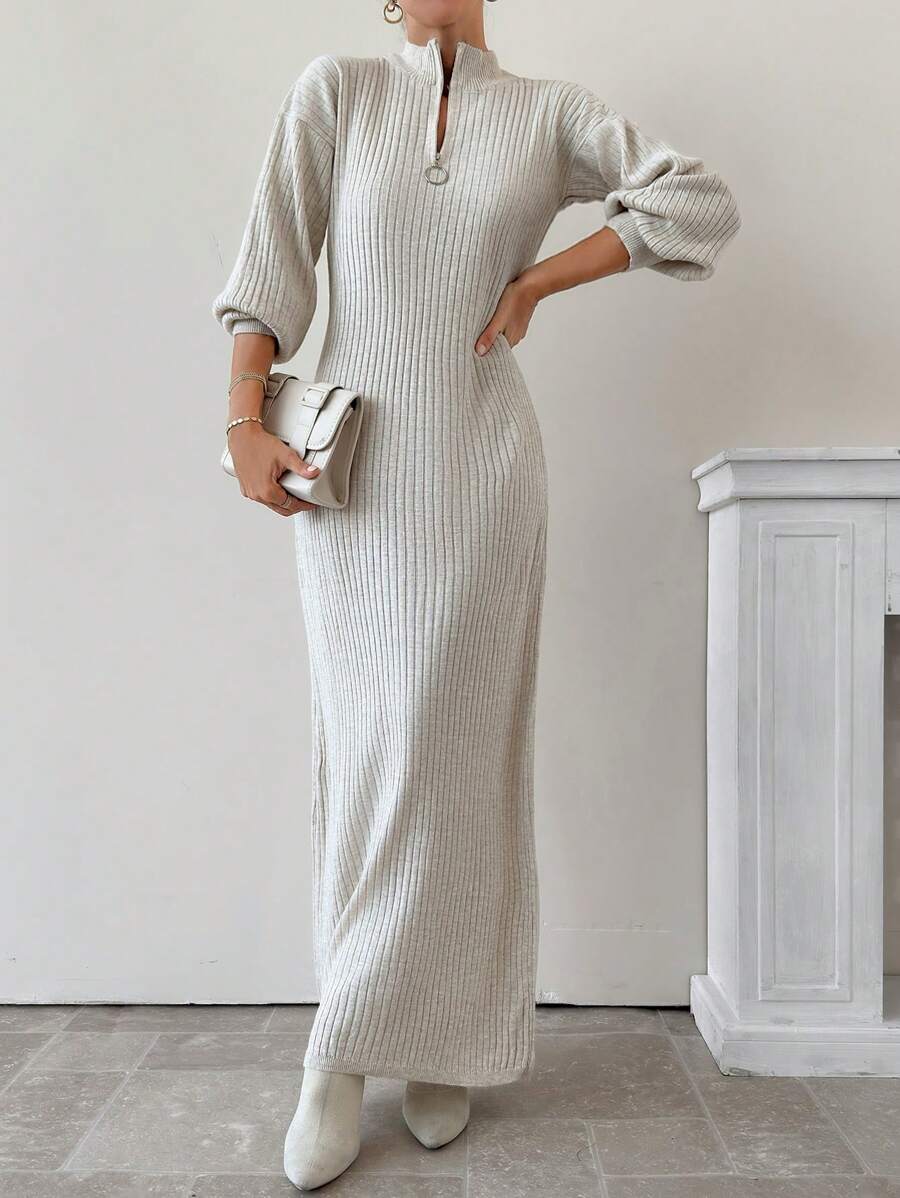 EURMUSE 1pc Solid Color Zip-Front Long Sleeve Casual Long Dress - Apricot - View 1