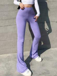 Plus Size Solid Color High Waist Skinny Flare Pants - Purple - View 3