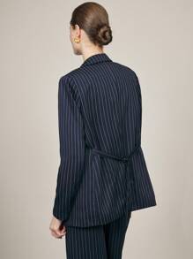 BizChic 女士优雅通勤条纹翻领长袖西装外套，秋冬圣诞节 - 藏蓝色 - 查看 8