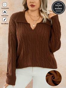 Calvaya Plus Size Casual Solid Color Dropped Shoulder Loose Knitted Sweater, Autumn & Winter Fall - Brown - View 6