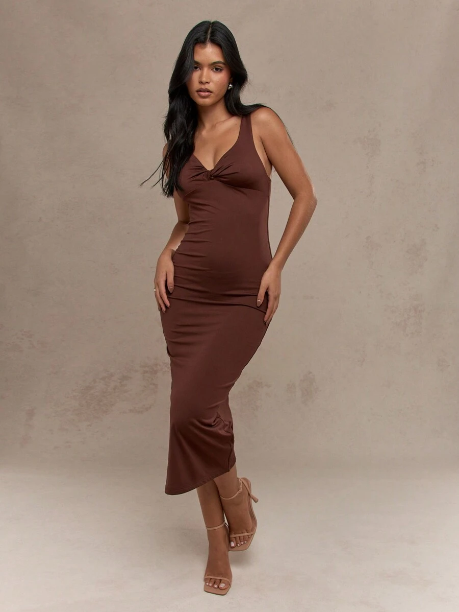 MISSGUIDED Twist Knot Detail Sleeveless Bodycon Maxi Dress - Coffee Brown - View 1