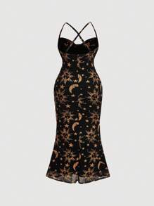SHEIN MOD Vestido ajustado con pliegues, de talla grande, con estampado de sol y luna, de malla elástica, para mujeres