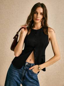 Poéselle ملابس علوية نسائي ذو لون أحادي أمامي بأزرار برقبة مستديرة بدون أكمام، ملابس نسائية للخريف، بلوزات خروج، توب قصير، بلوزات مميزة، رسمية و عادية، ملابس عمل، ملابس مكتبية - الأسود - مشاهدة 3