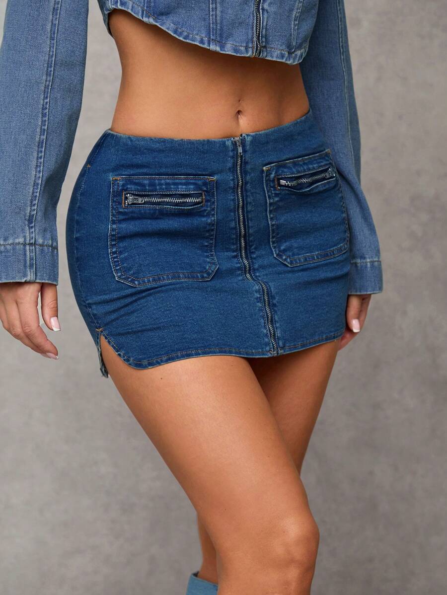 SHEIN BAE Women's Denim Mini Skirt, Sexy Low-Waist Bodycon, Blue - Dark Wash - View 1