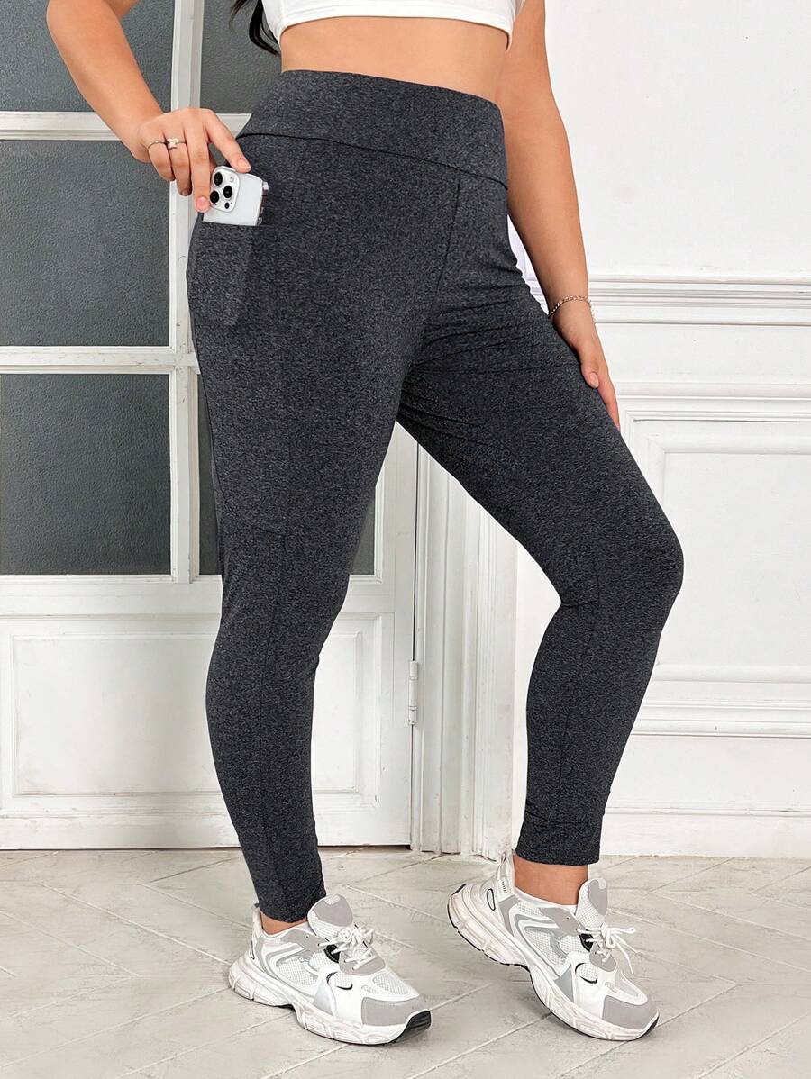 SHEIN EZwear 大码女式纯色高腰口袋紧身休闲紧身裤 - 深灰色 - 查看 1