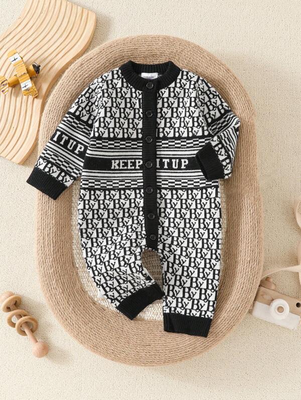 Newborn Baby Boy Classic Letter Print Long Sleeve Romper With Round Neck & Long Pants, Fall/Winter