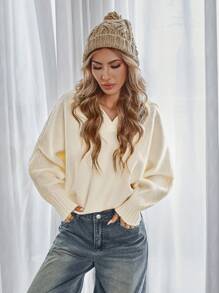 GENKIRA French Casual Relaxed POLO V-Neck Chunky Textured Knit Long Sleeve Pullover Sweater, Fall/Winter Knit Pullover - Beige - View 4