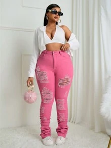 SHEIN SXY Valentine's Day Plus Size Denim Stretch Hole Leggings - Pink - View 6