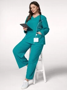 TaskEZ 大码长袖口袋上衣和裤子手术服套装