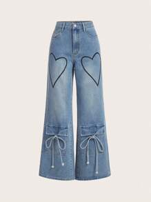SHEIN MOD Lässige Damen-Jeans mit weitem Bein und Herz Muster
