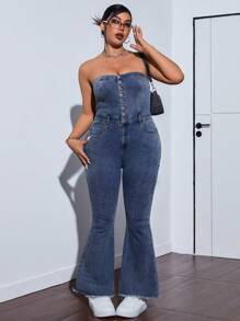 SHEIN ICON Plus Size Summer Casual Frayed Flare Denim Jumpsuit