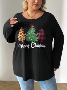 SHEIN CURVE+ Plus Size Christmas Tree Print Round Neck Long Sleeve T-Shirt, Casual Daily Wear - Black - View 4