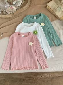 SHEIN LMoss Kids LMoss Young Girl 3 cái/bộ Áo phông cơ bản họa tiết hoa 3D cho bé gái và bé gái, Trang phục thường ngày mùa thu cho bé gái - Nhiều màu - Xem 4