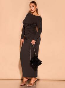 SHEIN BAE Plus Size Autumn Black Asymmetric One-Shoulder Gathered Long-Sleeved Elegant And Sexy Long Dress Suitable For Daily Outings, Dates And Commuting Fall Women Clothes