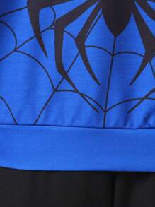 SHEIN Young Boys Stand Collar Spider Web Graphic Print Long Sleeve Sweatshirt, Suitable For Autumn, Halloween Party, Performance Clothes Boysspider Man Clothesspider Man Clothes Kidsspiderman Clothesspiderman Outfitgetaway,Holiday,Travel,Relax,Sunbathing,Summer - Blue - View 4
