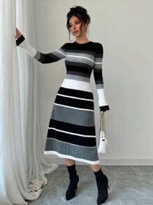 Selianne Women Crew Neck Striped Contrast Color Flared Sleeve Midi Dress Fall Winter Cloth For Women - Multicolor - View 5