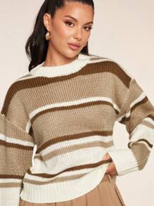 Glamine Women's Simple Striped Crew Neck Long Sleeve Sweater, Casual Everyday Wear Knit Pullover Fall Winter Outfit